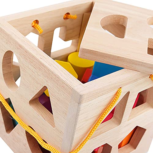 Qzmtoy Shape Sorter Toys With 19 Shape Blocks,Shape Sorting Cube Toy Box Classic Wooden Toys For Toddlers Kids,Gift For Girls Boys 2-4(Natural Solid Wood) #TOP3
