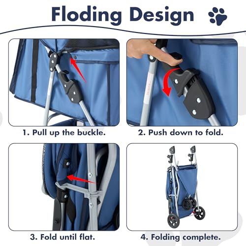 Image of Sweetcrispy 3 Wheels Pet Stroller for Small Dogs and Cats - Foldable Dog Stroller with Mesh Windows, Storage Basket & Cup Holder, Lightweight & Durable Pet Carrier for Travel, Outdoor Use, Blue