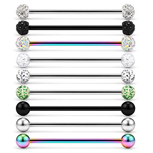 Lcolyoli Short Industrial Barbell 14G Surgical Steel Cz Cartilage Helix Earrings Piercing With Externally Threaded Crystal Ball Body Jewelry For Women Men 9 Pieces Rainbow Black Silver #TOP19