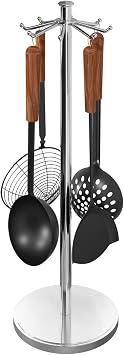 Kitchen Countertop Utensil Holder, Stainless Steel Rotatable Cooking Utensils Holder with 8 Rotating Hooks, Hanging Organizer for Spoon, Spatula, Soup Ladle, Spaghetti Server, Skimmer, Chrome