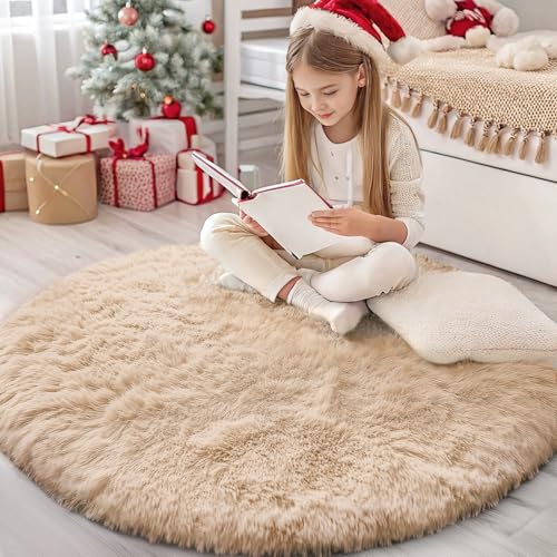 Homaxy Tapis Moelleux à Poils Longs - Dessous antidérapant - Lavable - pour Le Salon, la Chambre d'enfant, la Chambre à Coucher - 120 cm Rond, Beige