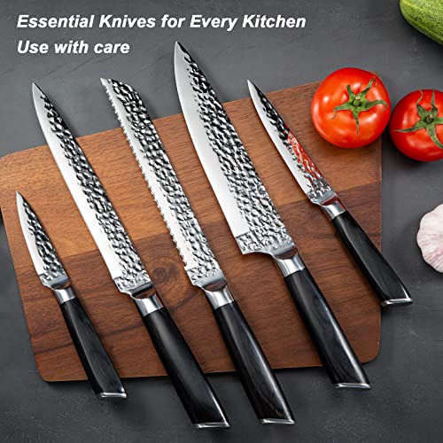 Foto von Messerblock mit Messer, 6 -TLG Messerset mit Block, Profi Küchenmesser Set, Edelstahl Messer mit ergonomischem Griff aus Ebenholz, Kochmesser, Fleischmesser, Brotmesser, Universalmesser Schälmesser