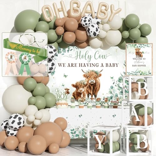 Hombae Highland Cow Baby Shower Decorations Boys 131 PCs Holy Cow Baby Shower Party Supplies with Backdrop Balloon Garland Its a Boy Cake Topper Mommy To Be Sash Headband