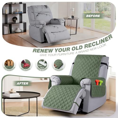 Image of TAOCOCO 100% Waterproof Recliner Covers, Recliner Sofa Covers with Leg Straps, Reversible Recliner Couch Cover for Reclining Chair, Washable Couch Protector for Pets Kids(1 Seater 25 inch, Moss Green)