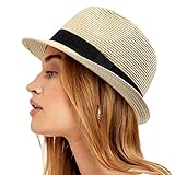 Lvaiz Womens Straw Hat Short Brim Panama Fedora Beach Sun Trilby Hat for Vacation Gentlemen Roll Up