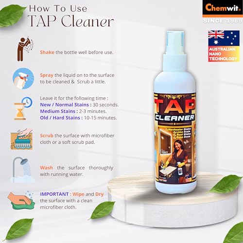 Image of Chemwit Tap Cleaner and Limescale Remover - Strong Cleaning Spray for Bathroom Hard Water - Heavy Duty Liquid to remove Scale, Stains & Rust - Australian Technology - Safe on Chrome & Smells Fresh.