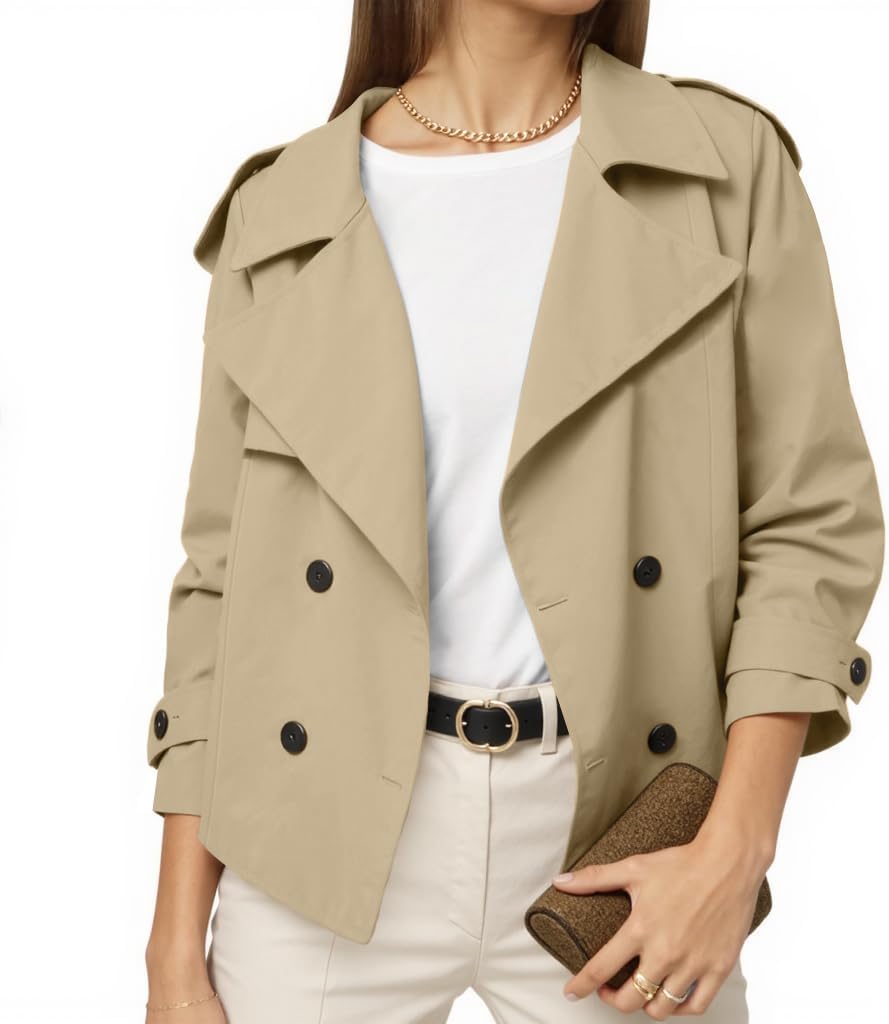 Muchpow Womens Cropped Trench Coat Casual Double Breasted Work Office Short Crop Coats Jacket with Belt