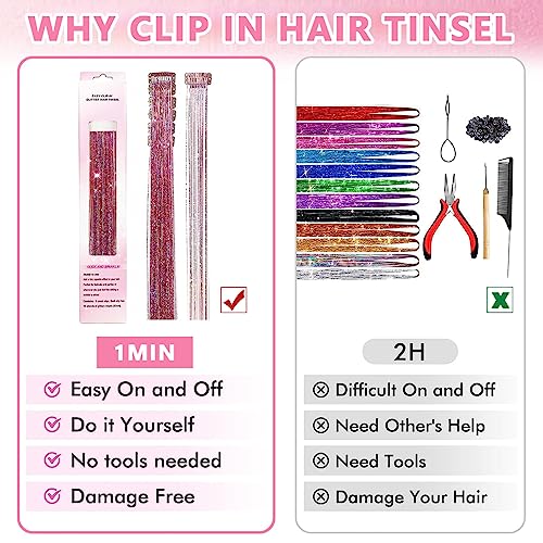 Image of MAYCREATE 6pcs Hair Tinsel Clip-in Glitter Hair Extensions for Women, 20.5in Pink Shiny Tinsel Strands, Heat Resistant Fairy Sparkle Hair Accessories for Girls Kids Festival Cosplay Party Gift