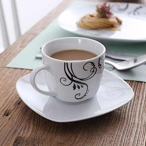 VEWEET 'Zoey' 12-Piece Dinner Set White Porcelain Drinkware Espresso Cups and Saucers Set Black Lines Kitchen Combination Sets for 6-220ml (7oz)
