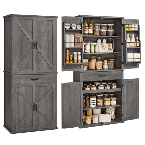 Image of VASAGLE Pantry Cabinet, Tall Storage Cabinet with Drawer, 70.3-Inch | Farmhouse kitchen cabinet with barn doors, tray, adjustable shelves, Misty Gray, UBBK364G01
