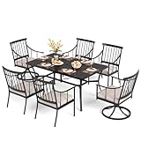 PHI VILLA 7 Pieces Patio Dining Table Set with Cushion for 6, Large Rectangular Metal Dining Table with Umbrella Hole & Cushioned Swivel Iron Chairs for Outdoor, Deck, Yard