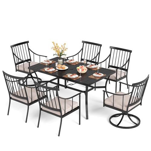 PHI VILLA 7 Pieces Patio Dining Table Set with Cushion for 6, Large Rectangular Metal Dining Table with Umbrella Hole & Cushioned Swivel Iron Chairs for Outdoor, Deck, Yard