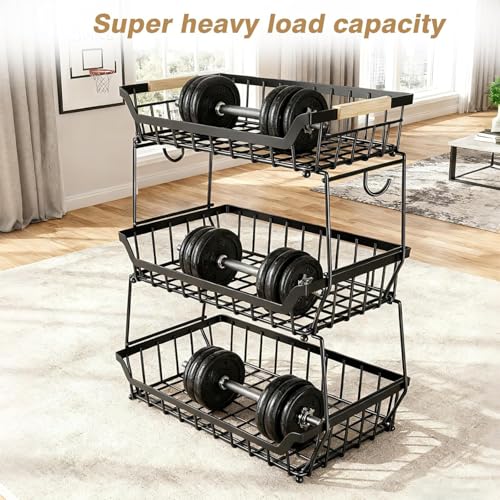 3 Tier Fruit Basket for Kitchen Counter with 2 Banana Hangers, Countertop Metal Fruit Bowl with Wooden Handle, Large Capacity Metal Wire Fruits Stand Organizer for Fruits Vegetables Breads Coffee Can by VANZBON - Image 9