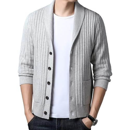 Mens Shawl Collar Rib Knit Cardigan Sweaters Button Down Breathable Cardigans Men Knitwear with Front Pockets