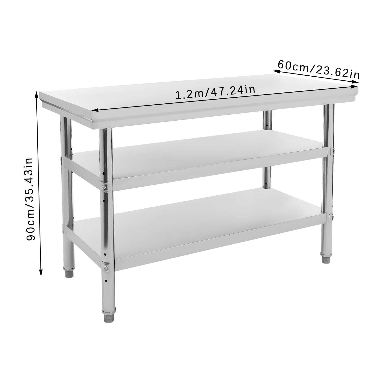 Mesa de trabajo de acero inoxidable, 120 x 60 x 90 cm, rectangular, cocina, mesa de acero inoxidable, mesa de barbacoa, muebles de cocina para exteriores, 3 niveles, plata