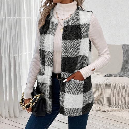 Fotemix Womens Sherpa Vest Casual Warm Plaid Print Open Front Vest Coat Sleeveless Fleece Jacket Pockets,Teddy Coat(3 Colors) (Us thumb #3