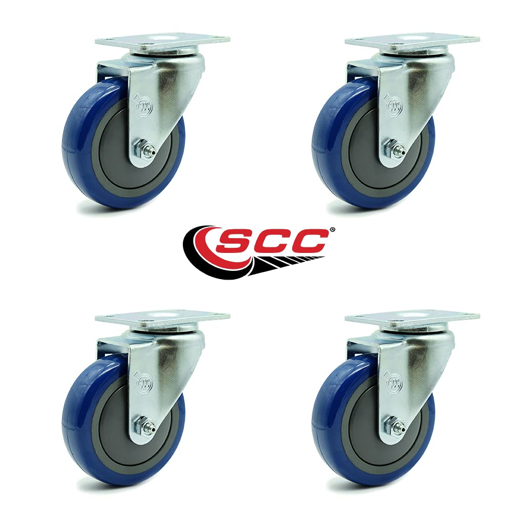 Regency 600CSW415 U-Boat Utility Cart Replacement Caster Set – 4 Inch Blue Polyurethane Wheel - Includes 4 Swivel Casters - Set of 4 - Service Caster Brand