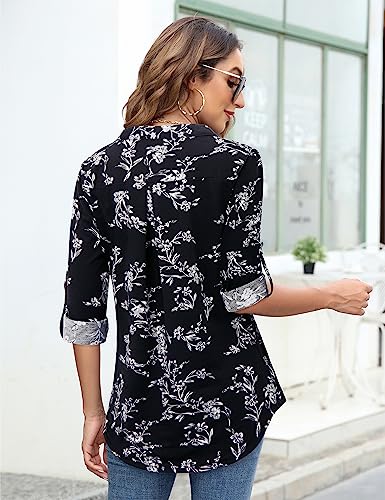 Image of Bulotus 3 /4 Length Sleeve Womens Striped Tops Zipper V Neck Collared Blouses Business Casual Tunics 2026 Spring Trendy