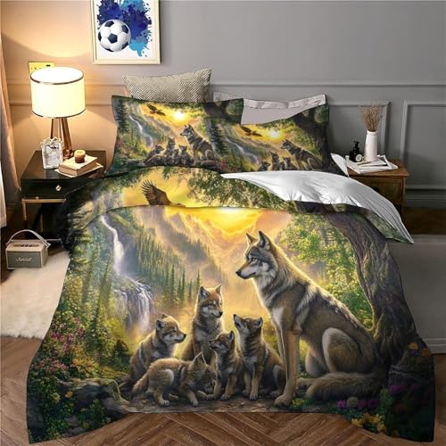 Parure de lit loup 3D 140x200cm avec housse de couette en microfibre single