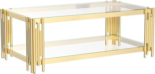 Miniatura 5 de Mesa auxiliar, mesa auxiliar moderna, parte superior de cristal, mesa de centro doble de acero inoxidable dorado para sala de estar (48 pulgadas,
