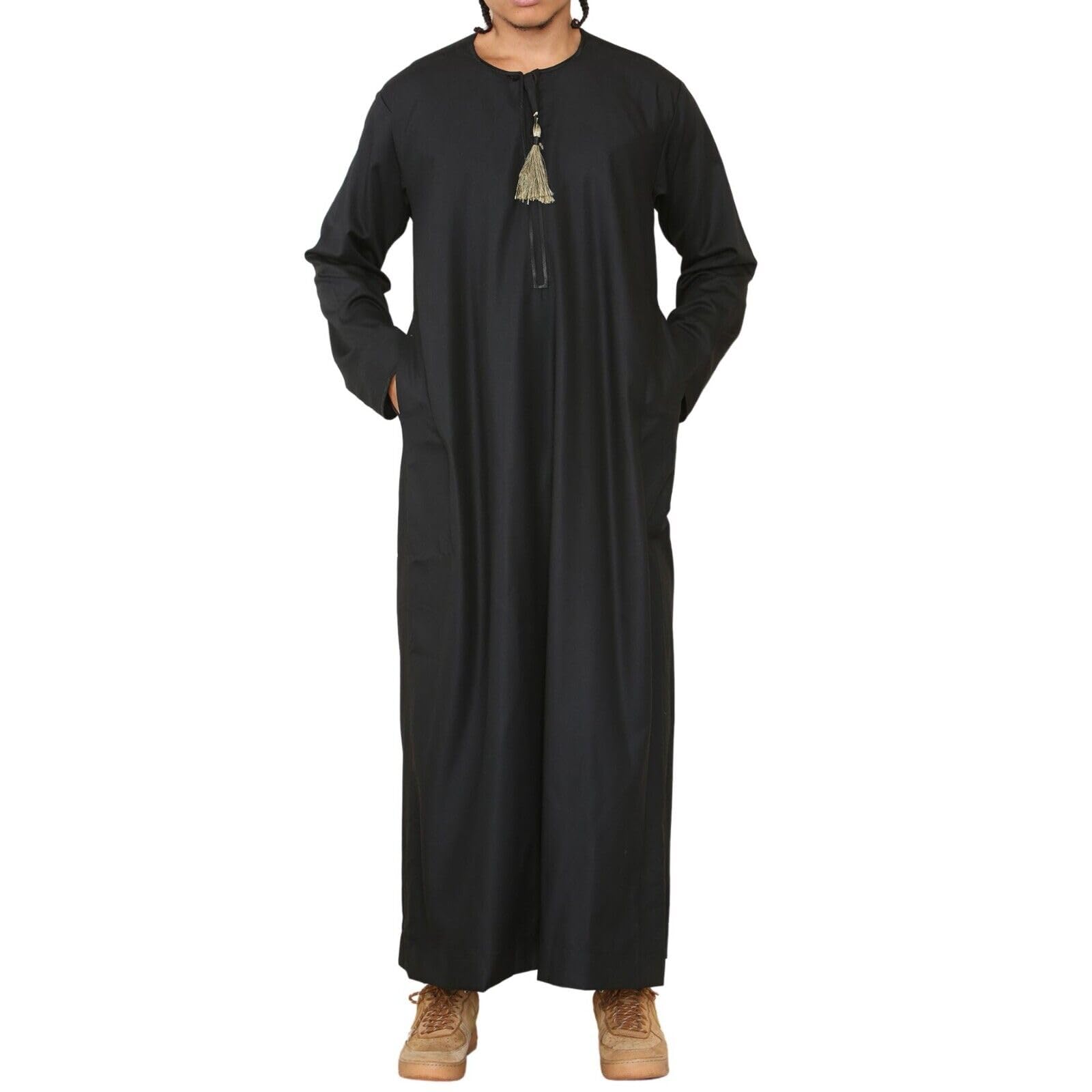 Infinity Leather Mens Black Thobe Jubba Saudi Islamic Arab Eid Emirati Kaftan Jubbah Tassel Robe