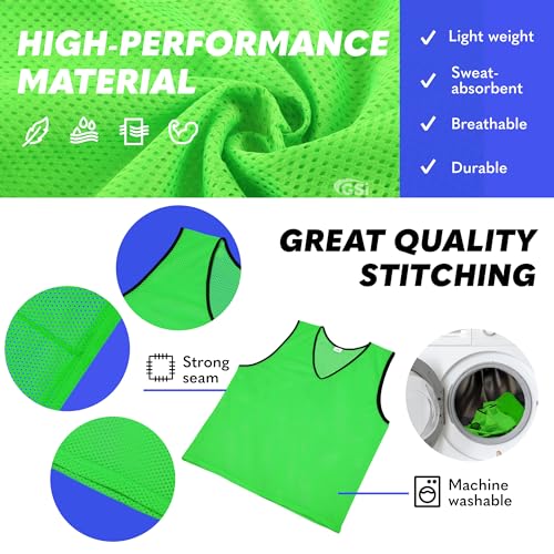 GSi Sports Pinnies - Pack of 12 - Free Size for Youth/Adult - 5 Color Options - Soccer, Basketball Practice Vest (Green)