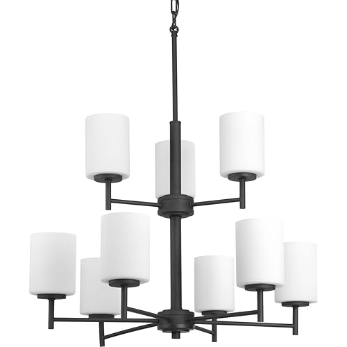 Progress Lighting Replay Collection 9-Light Etched Painted White Glass Modern Chandelier Light Textured Black