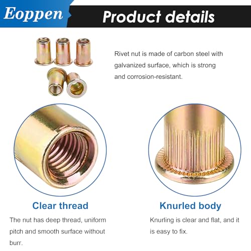 Eoppen 115Pcs 1/4-20 Rivet Nuts, 1/4 Zinc Plated Carbon Steel Flat Head Threaded Insert Nut Kit for Furniture, Automotive, Marine and Decoration