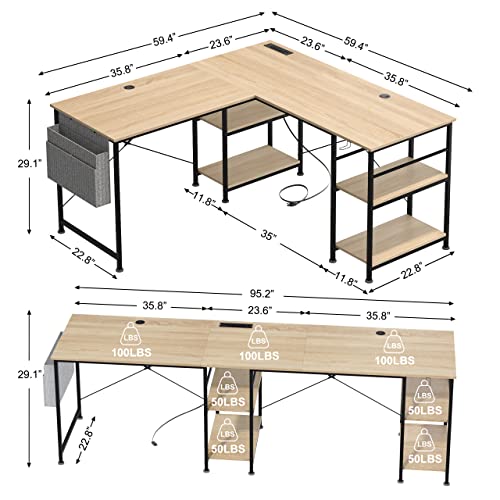Tbfit L Shaped Desk With Storage Shelves,95.2 Inch Reversible Coner, Office Desk For Small Space,Large Computer Gaming Desk Workstation With Power Outlet,2 Person Long Writing Study Table(Oak) #TOP2