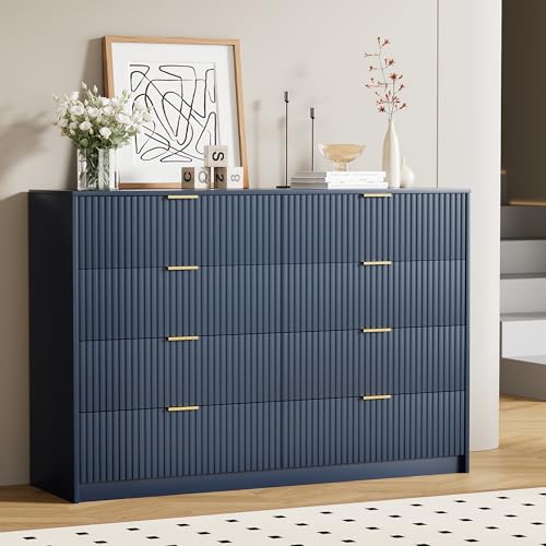 Image of Furniway Navy Blue Dresser Bedroom Set 3 Pieces, Nightstands Sets of 2, 8 Drawer Dresser with Gold Handles for Bedroom