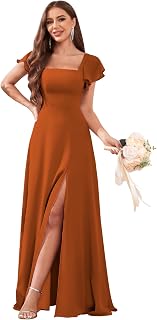 Women's Chiffon Bridesmaid Dresses Ruffle Sleeve A Line Long Evening Formal Party Dress with Slit