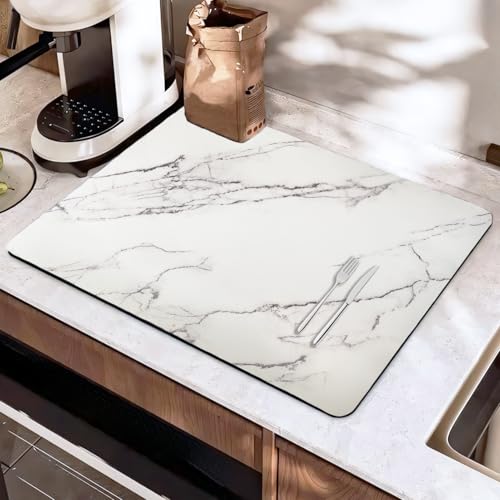 SOQKEEN Dish Drying Mat, Quick Dry Absorbent Draining Mat with Non-slip Rubber Backed, Self Drying Mat (White Marble, 16x12)