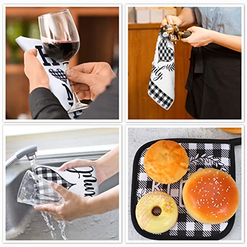 5 Pieces Farmhouse Buffalo Check Dish Towels Pot Holders Oven Mitts Set 2 Buffalo Plaid Kitchen Towels 1 Cooking Mittens Oven Glove 2 Potholders For Cooking Baking Grilling Supply, Black And White #TOP5