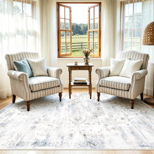 Image of 2'x3' Rugs for Living Room Bedroom, Washable Area Rugs, Pet & Kid Friendly Low Pile Carpet, Non-Shedding Non-Slip TPE Backing, Vintage Distressed Print Floor Mat for Bedroom Dining Room, Blue