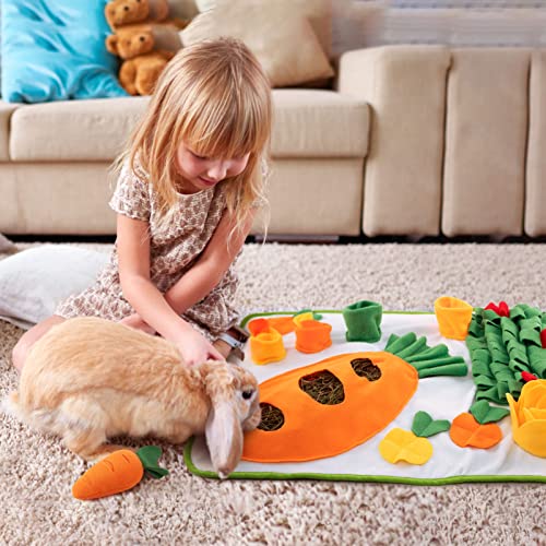 Image of 20 inch x 24 inch Rabbit Foraging Mat with Carrot Toy- Polar Fleece Pet Snuffle Pad with Fixing Handle- Funny Interactive Nosework Feeding Mat- Rabbit Hay Feeder Mat for Rabbits Bunny Guinea Pigs Ferrets