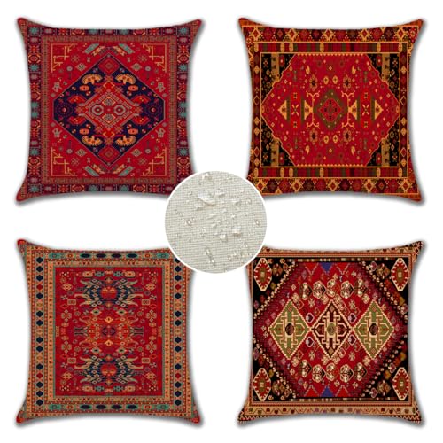 JOTOM Waterproof Cushion Covers 45x45 cm Bohemian Style Outdoor Decorative Throw Pillow Covers 18x18 Inch Abstract Exotic Pillow Cases for Sofa Garden Porch Bench Couch Home Decor Set of 4 (Exotic)