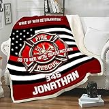 Pofily Personalized Firefighter USA Blanket, American Flag Blanket, Gift for Fireman, Custom Name Blankets, Family Throw Blanket, Fireman Gift, Blankets Gift for Christmas