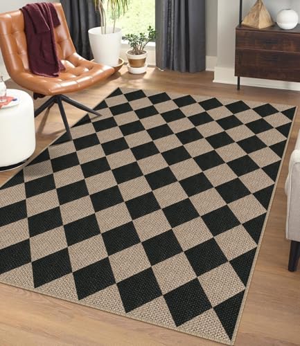 Rugalia Easy Jute Checkered Area Rug, 4x6 Black Modern Washable