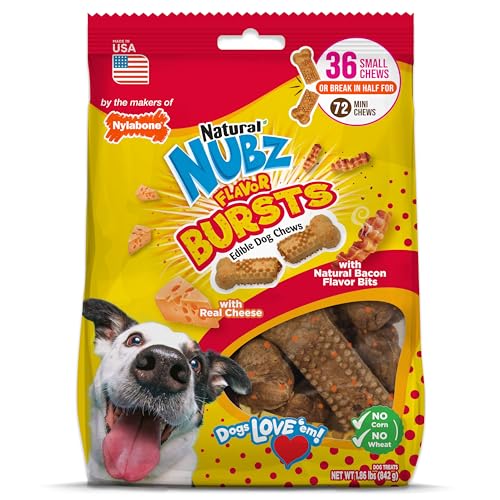 Nylabone Nubz Flavor Bursts Natural Edible Chew Bones for Dogs, Healthy Long Lasting Chews Made in The USA, Grain-Free Dog Treats for Small Dogs, Bacon & Cheese Flavor (36 Count)