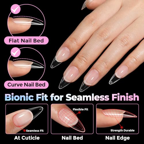Image of UNA GELLA Stiletto Gel Nail Tips Medium 15 Sizes 300PCS Pre-Etched Clear Acrylic Nail Tips Easy DIY Salon Stiletto Almond Press On Nails Snug Fit Full False Fake Tips Extensions Long-Lasting Hold