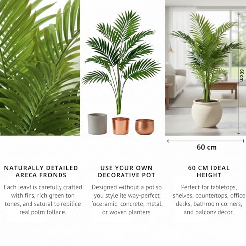 Image of Mini Artificial Areca Palm Plant - 60 cm Tall Faux Tropical Decorative Plant with 12 Leaves for Indoor Home, Office & Balcony Decor | Without Pot
