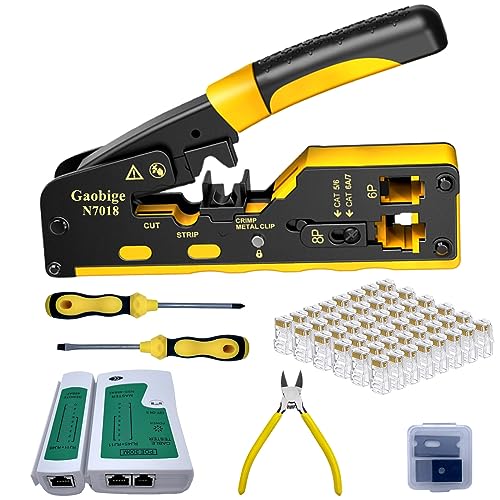 Gaobige Pass Through rj45 Crimp Tool Kit, Network Tool Kit, Cat7 Cat6A Cat6 Cat5e Cat5 rj45 Crimping Tool with 50PCS cat6 Pass Through Connectors, Network Tester, Wire Cutter by Gaobige - Used condition - US$25.40