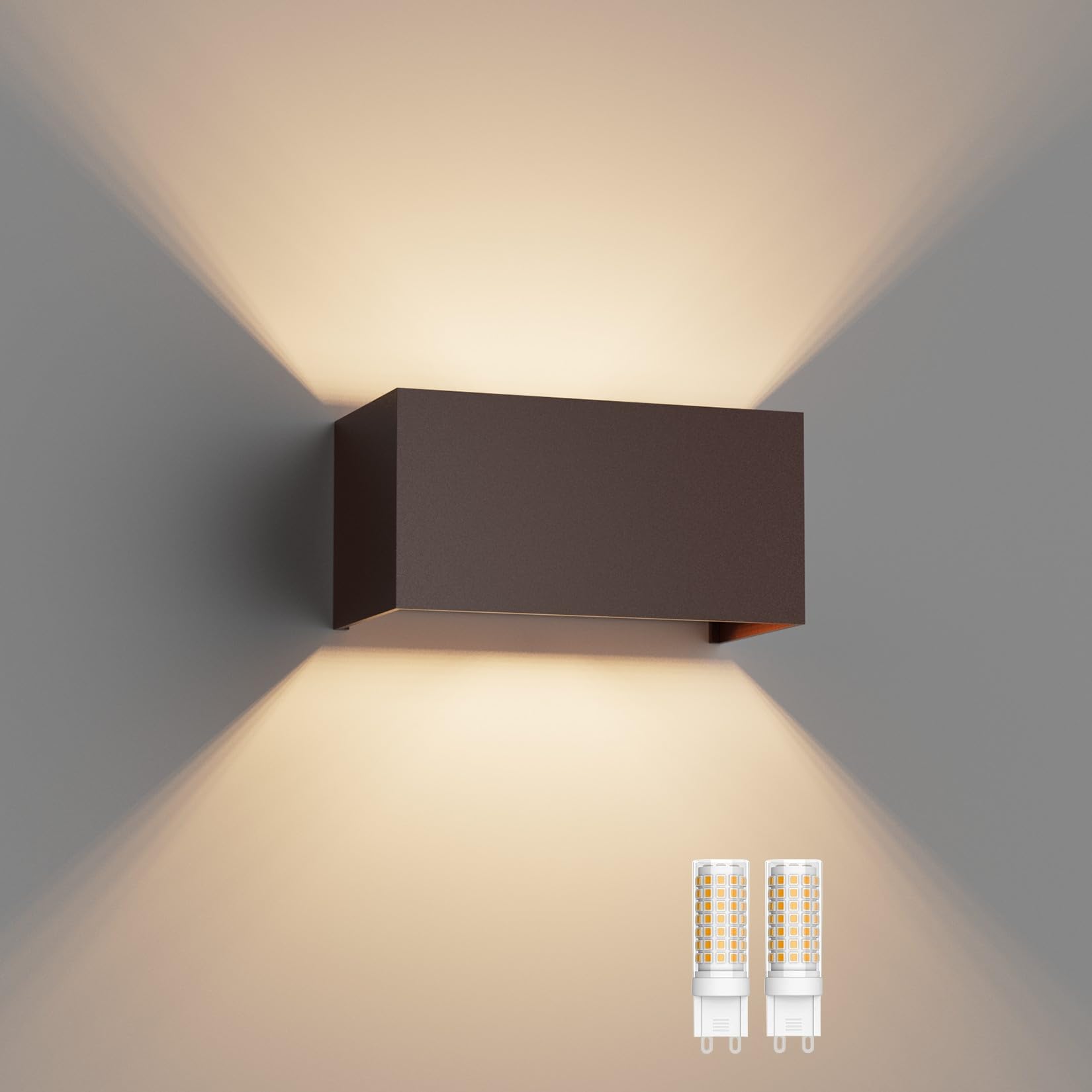 Klighten Aplique de Pared Exterior Con G9 LED Bombillas Reemplazables, Blanco Cálido 3000K Lampara de pared Interior/Exterior IP54 Ángulo ajustable Lámpara Pared (Bronze)