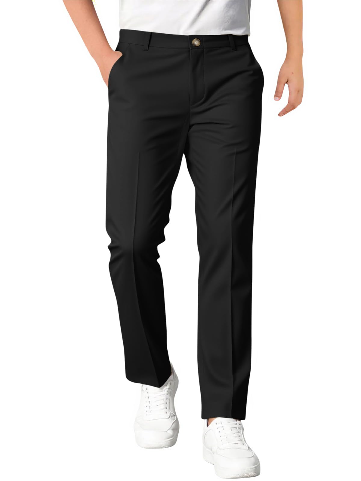 Haloumoning Pantalones de vestir para niños con cintura elástica y pierna recta, pantalones casuales con bolsillos
