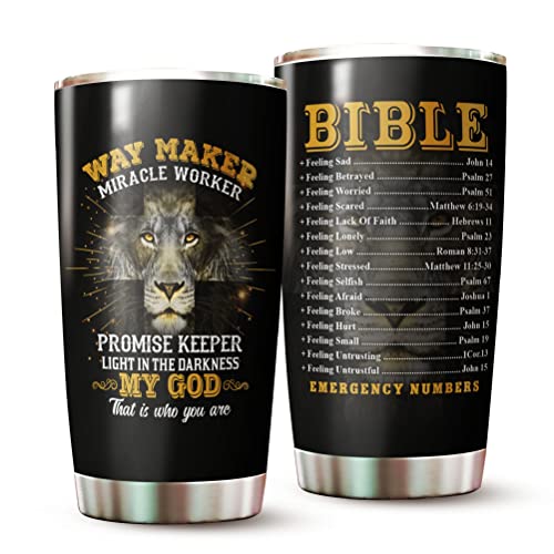 WOOKOO Christian Tumbler - Gifts for Christians on Christmas, Birthday - Religious Tumblers - Christian Cup - Christian Gifts For Men, Women - Bible Emergency Numbers Mug - Lion Christian Tumbler