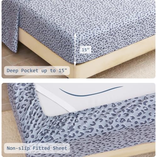 Image of lasoftan Leopard Queen Comforter Set with Sheets, 7 piece Luxury Vintage Bedding, Soft Microfiber Bed in a Bag, Cozy Lightweight Bed Set, Grey Cheetah Print