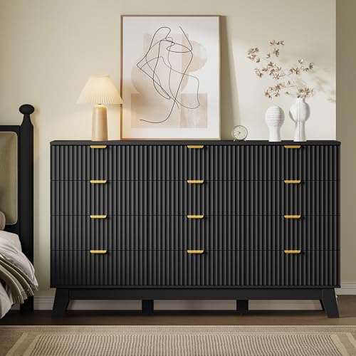 Image of BORNOON 57 inch Wide Dresser for Bedroom, 12-Drawer Fluted Dresser with Metal Handles, Wood Chest of Drawers with Smooth Slides and Stable Base, Storage Cabinet for Living Room, Nursery, Timeless Noir