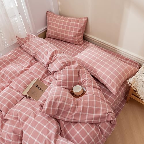 Image of EAVD Modern Style Pink Plaid Duvet Cover Queen Soft Cotton Pink and White Grid Plaid Bedding Set with 2 Pillowcases Simple Checkered Geometric Duvet Cover with Zipper Closure