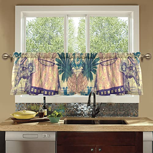 Elephant Pineapple Vintage Short Kitchen Curtains 36 Inches Long Kitchen Window Curtains Set Of 2 Cafe Curtains Tier Window Curtains For Bathroom Bedroom, 57"X36" #TOP7