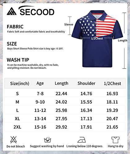 Secood Summer American Flag Printed Polo Shirts For Boys Short Sleeve Tops Blue 2Xl #TOP4